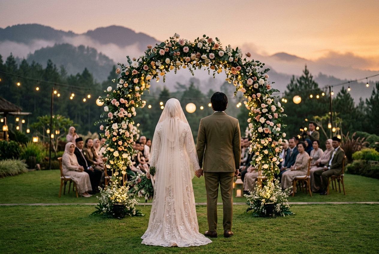 Detail nuansa hangat gaun modern dan setelan jas pasangan oleh Arsy Moments